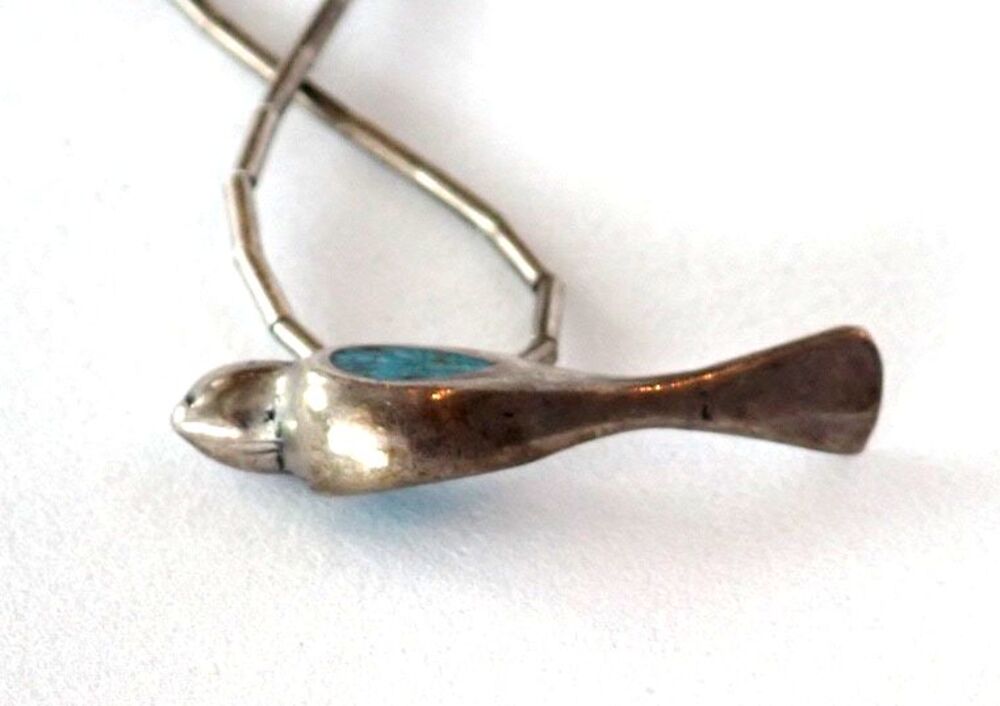 Zuni Native American Sterling Silver Turquoise Chip Bird Pendant Necklace 15" - Picture 8 of 16